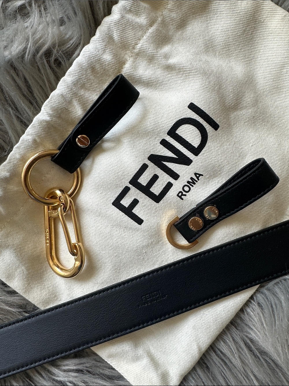 Authentic Fendi Black and White Logo Leather Shoulder Strap with Gold Hardware - Picture 3 of 4
